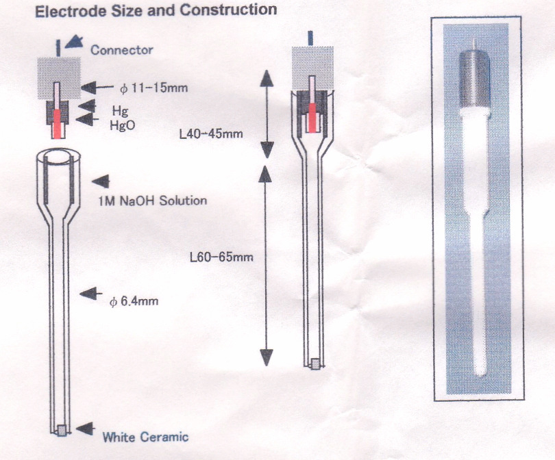 CHI152 Alkaline/Mercury Oxide Reference Electrode. Manufacturer electrode photograph and construction drawing.