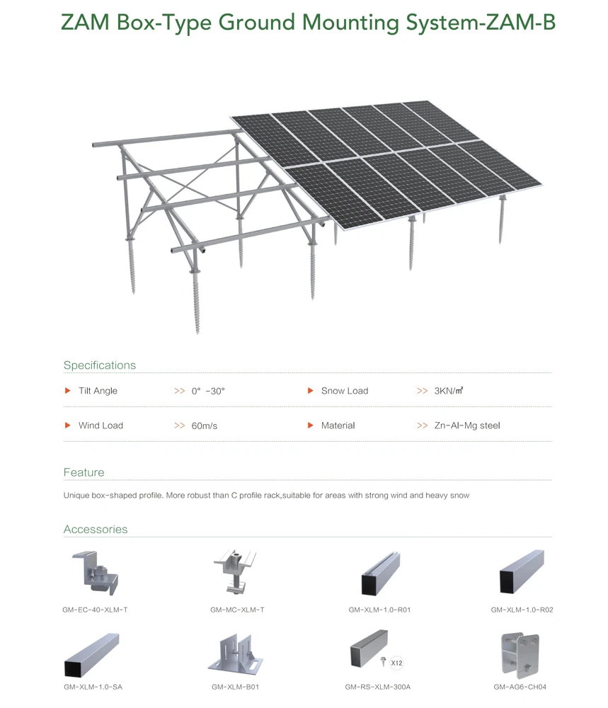 Goomax ZAM-B Ground Mounting System. Manufacturer mounting-system illustration; the final layout and attachments depend on the site design.